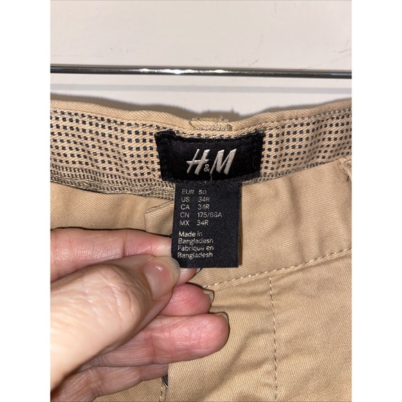 H&M Men's Khaki Chino Pants Size 34R Tan Flat Front Casual Business Button Fly - Picture 3 of 8